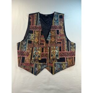Pasta Vintage Tapestry Vest Multi-Color Geometric Ornate Pattern V-Neck Cinch